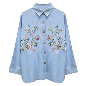 QUIZÁS U Jean Denim Blue Floral Bordado Turn Down Collar Botón Camisa de manga larga Casual Mujer B0164 210529