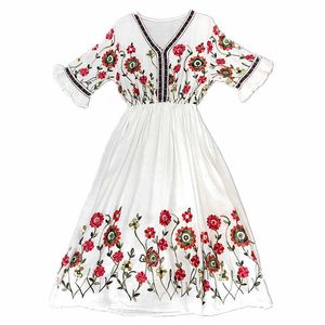 Tal vez u blanco rojo azul marino bordado floral cuello en v vacaciones sueltas 3/4 manga acampanada maxi vestido largo bohemio verano D1421 210529