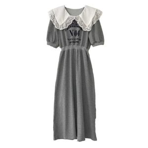 Tal vez u mujeres negro gris encaje peter pan collar vestido letra impresión pufff manga corta imperio rodilla longitud vestido D2701 210529