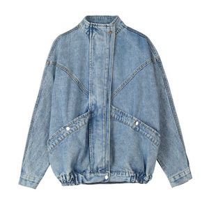 Peut-être U Femmes Bleu Denim Veste Col Mandarin Manches Longues Solide Lâche Oversize C0290 210529