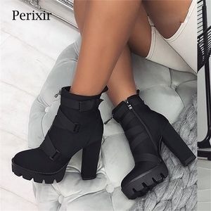 Perixir Platform Ankle Boots Women 12cm Thick Heel Platform Boots Fashion Ladies Autumn Winter Worker Shoes Black Big Size 3643 201105