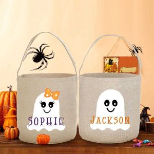 Bolsa personalizada de truco o trato Nombre personalizado Fiesta de Halloween Candy Bucket Ghost Bat Bolsas de asas Canasta de galletas portátil Regalo para niños 220923