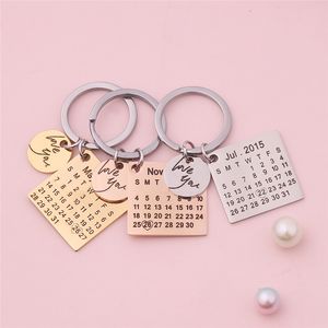 Calendrier personnalisé porte-clés anneaux en acier inoxydable calendrier personnalisé date d'anniversaire mise en évidence avec coeur lettre d'amour
