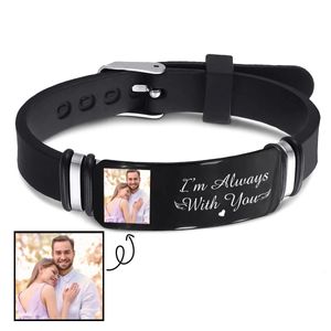 Personnalisé personnalisé Po nom en acier inoxydable hommes bracelet mode noir silicone bracelet de montre bracelets fête des pères noël 240227