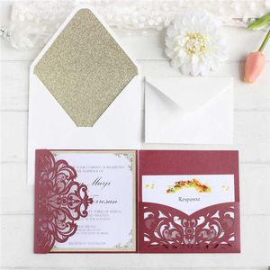 Invitations de mariage de luxe personnalisées cartes de mariage découpées au laser avec enveloppe RSVP cartes de voeux scintillantes 50PCS SH190923