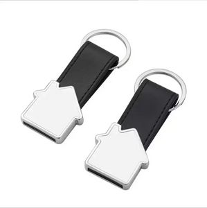 Porte-clés en métal personnalisé Faveur Sublimation Porte-clés en forme de maison avec anneau en cuir PU Unique Rectangle Souvenir Key Pendant WHT0228