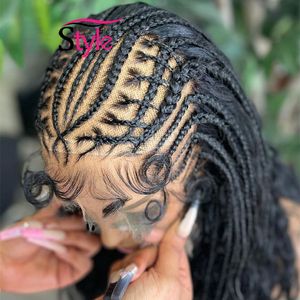 Peruano 28 '' Trenzas Cornrow Pelucas de encaje Peluca frontal de encaje 13x4 Peluca delantera de encaje rizado trenzado con pelo de bebé Peluca afro frontal para mujeres negras