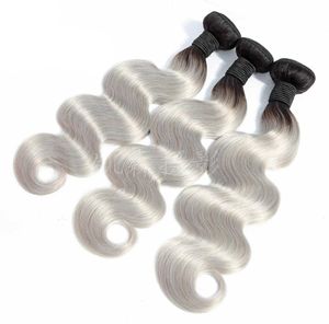Paquetes de tejido de cabello humano peruano barato 3 piezas Un juego 1BGrey Extensiones de cabello ondulado de doble color Cabello humano virgen 1224inc9948677