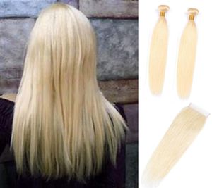 Cheveux humains péruviens 2 paquets avec fermeture en dentelle 4X4 9A soyeux droits 613 produits capillaires blonds 830 pouces teintables 3 pièces un ensemble2182593