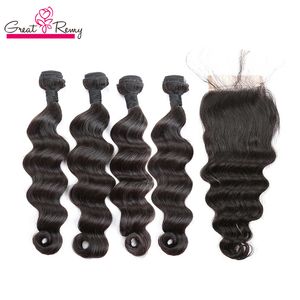 Extensions de cheveux péruviens 4 paquets lâche vague profonde avec fermeture en dentelle 4x4 noeuds blanchis morceau de cheveux humains fermetures supérieures teinables tête complète Greatremy vente de paquets bon marché