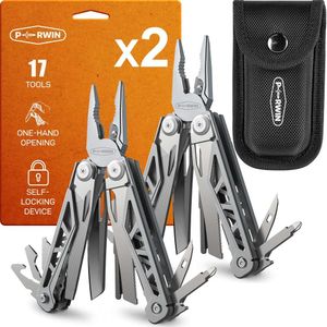 PERWIN Multiherramienta, 2 paquetes de alicates multiherramientas 17 en 1 con funda de nailon, multiherramienta profesional de supervivencia, camping y caza, regalos para hombres, papá y marido