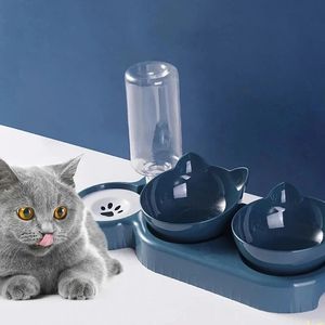 Pet Cat Bowl Automatic Feeder Water Dispenser Dog Food with Drinking Raised Stand Double Dish Bowls for Cats Dogs 240116