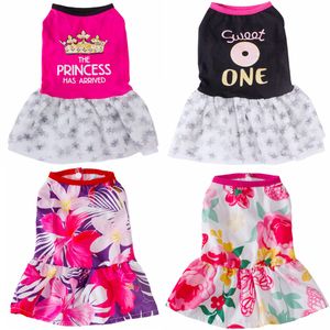 Vestidos para perros para perros pequeños Ropa para perros Verano Lindo Tutu Princesa Faldas Niñas Ropa para mascotas Vestido de boda para mascotas Falda para gatos Trajes Trajes Patrón de flores grandes Ropa A110