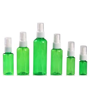 Bottiglie di atomizzatore di profumo in plastica verde PET Pompa spray a pressione bianca Coperchio trasparente Bottiglia riutilizzabile Contenitori per imballaggio cosmetico 10ml 15ml 20ml 30ml 50ml 60ml 100ml
