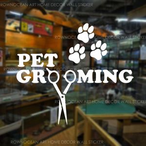 Adhesivo para ventana de salón de aseo de mascotas vinilo decoración del hogar Trail Paw Print tijeras calcomanías Pet Shop Sign Logo murales extraíbles 2077