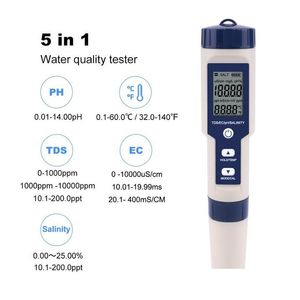 Medidores de pH Mayoristas Prueba de agua digital profesional 5 en 1 pH/TDS/EC/salinidad/temperatura Pen a prueba de agua MTI-Función Medidor Del DH2YZ