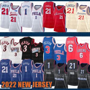 Philadelphia''76ers''Men 2022 New James 1 Harden Basketball Jerseys Joel 21 Embiid Allen 3 Iverson Julius 6 Erving Cheap YellowCustom hommes femmes enfants jeunes