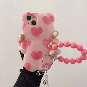 Coque de téléphone coréenne mignonne 3D rose, ours d'amour, jouet en Silicone, iPhone 15Pro Max 11 12 14 Xs Xr, bracelet de dessin animé, couverture 231104