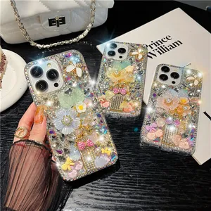 Étui de téléphone Luxury Brilly Iphone Cas pour iPhone 15 15 Plus 14 Pro Max 15pro 14pro 13 12 11 Designer Bling Rhingestone Diamond Diamond bijou 3d Crystal Flower Case