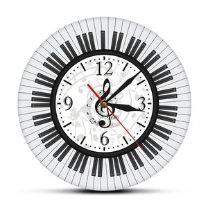 Teclado de piano Clave de sol Arte de la pared Reloj de pared moderno Notas musicales Reloj de pared en blanco y negro Estudio de música Decoración Pianista Regalo LJ201204