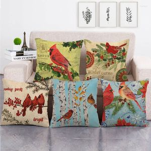 Oreiller 45 cm Rouge Oiseau d'hiver Lin/coton Couvre-lit Housse de canapé Décoration d'intérieur