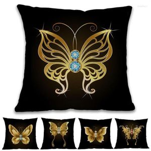 Oreiller fond noir diamant et papillons dorés motif lin taie d'oreiller maison canapé chambre couverture décorative 45x45cm258V