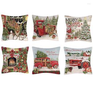 Funda de almohada de lino de granja de Navidad para dibujos animados Vintage escena de Navidad patrones vacaciones funda de cojín decorativa