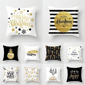Funda de almohada navideña con estampado dorado, negro y blanco, cubierta feliz, decoración decorativa sencilla y moderna para el año