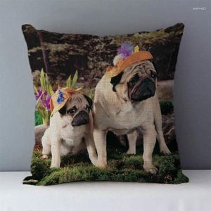 Cubierta de almohada 45 45 cm Home Decorative Pillow Fase de almohada para el asiento de la cama del sofá espalda s Lino de lino Pug Perros impresos