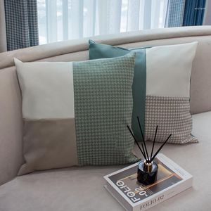 Oreiller Simple moderne bloc de couleur pied-de-poule housse taie d'oreiller canapé décoratif vert/kaki/marron cuir Pu