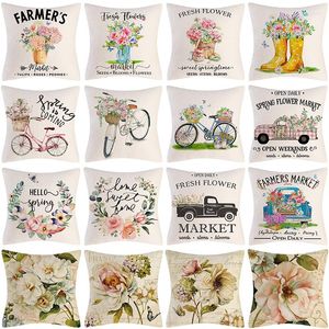 Funda de almohada de primavera para decoración del hogar, fundas de almohada de lino decorativas para sala de estar y dormitorio, estampado de flores y bicicletas, 18x18 pulgadas