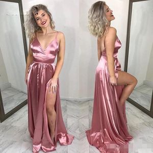 Robes de soirée sexy rose 2020 Spaghetti Stracts élastiques Satin Sweep Train Slit Split Custom Made Tail Prom Party Vestido