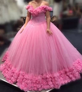 Vestidos de quinceanera de pelota rosa de la mano hecha a mano hecha flores largas de dieciséis fiestas ropa formal vestidos para jóvenes ba