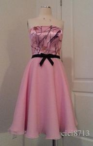 Vestido de dama de honor de camuflaje rosa, sin tirantes, hasta la rodilla, corto, fiesta de boda, vestido Formal de camuflaje, 263A