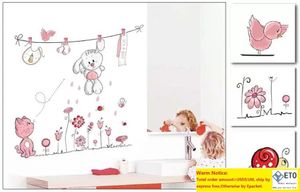 Rose dessin animé chat lapin fleur autocollant mural pour bébé filles enfants chambres décor à la maison ours en peluche parapluie salle de classe stickers muraux