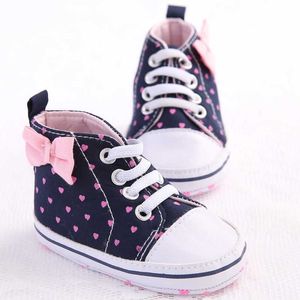 Pink Dot Bow Algodón Suela suave Zapatos de bebé con cordones Primavera / Otoño Primeros caminantes Nacidos Infante Niño Cuna Zapatos de niña al por mayor 210713