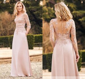 Robes de mère en satin rose élégant pour le mariage Sheer Neck Glamorous Lace Appliqued A Line Femmes Occasion spéciale Robes de soirée 3/4 Manches longues Robe de bal CL1032