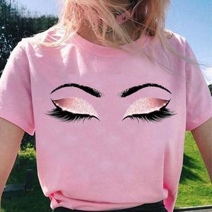 Pestañas rosadas Imprimir Arte Camiseta Mujeres Princesa Maquillaje Gráfico Tee Personalidad Hipster Verano Mujeres Tumblr Oversize Streetwear X0621