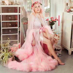 Pink Faux Fur Long Sleeve Women Winter Sexy Kimono Pregnant Party Sleepwear Women Bathrobe Sheer Nightgown Robe