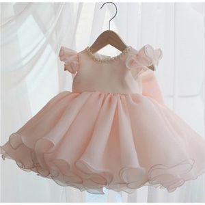 Pink Flower Girl Baby Dress Style Pearl Neck Big Bow Fluffy Ball Gown Performance Evening Kids Ropa E36163 210610