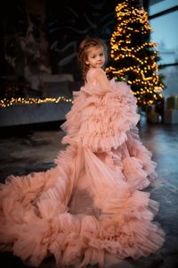 Rose Flower Girl Photoshoot Toddler pour le concours de mariage Robe bébé Prom Tulle Ruffles Robes de Noël Fête d'anniversaire Première communion Long Manches