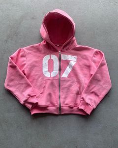 Sudadera de gran tamaño grunge rosa con cremallera para mujer, Sudadera con capucha con estampado de letras, tops góticos y2k, ropa de calle harajuku 240131