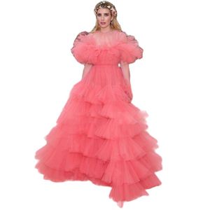 Rose longue robe De bal 2023 O cou manches longues couches Tulle robe De célébrité à volants plis femmes Gala Vestidos De Novia