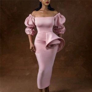 Rose épaules dénudées lanterne manches pour femmes Midi élégant gaine célébrer dîner soirée robe moulante grande taille XXL 210416