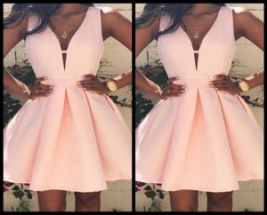 Pink Plain Pleated Zipper V Neck Maneveless Sexy Homecoming Lindo Mini Vestido Simple Vestidos baratos View9568528