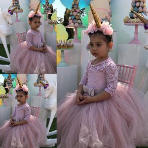 Robes de concours de princesse roses pour filles, en dentelle, manches longues, en Tulle, robes de bal à fleurs pour mariage, robe de fête d'anniversaire pour bébé