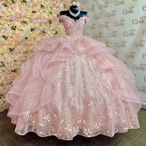 Rose princesse Quinceanera robes appliques dentelle robe de bal robe d'anniversaire Tulle à lacets doux 16 robes vestidos de 15