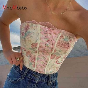 Rose Impression Tops Femmes Sexy Hors Épaule Dentelle Patchwork Volants De Base D'été Bandage Streetwear Sans Bretelles Élégant Bandeau 210517