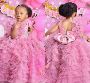 Jupe Tutu bouffante rose, robes de princesse à fleurs avec gros nœud et paillettes, robes de soirée de concours pour petite fille, longue robe formelle d'anniversaire et de première communion CL3283