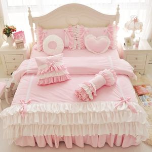 Rose violet bleu coréen princesse fille polaire tissu ensemble de literie blanc à volants arc housse de couette flanelle velours lit jupe taie d'oreiller 240112